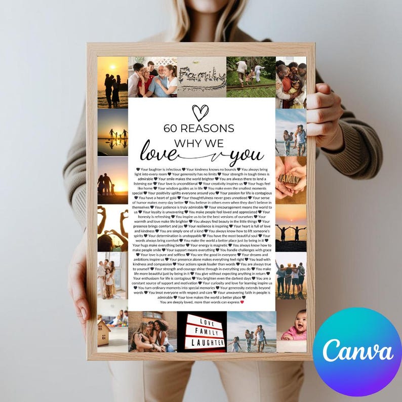 Op de afbeelding: Een collage van familiefoto's met een witte achtergrond en zwarte tekst die "60 redenen waarom we van je houden" luidt. De tekst is omringd door een hart en de tekst is in handschrift. De foto's tonen een gezin dat tijd samen doorbrengt, waaronder een stel dat elkaars hand vasthoudt, een gezin op het strand, een gezin in het park en een gezin aan een meer.