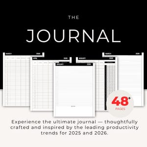 Op de afbeelding: Een zwart-wit tijdschrift met de tekst "THE JOURNAL" bovenaan. Het tijdschrift bevat pagina's voor januari, maart en april 2026, met 48+ pagina's. Het tijdschrift is ontworpen voor productiviteitstrends in 2025 en 2026.
