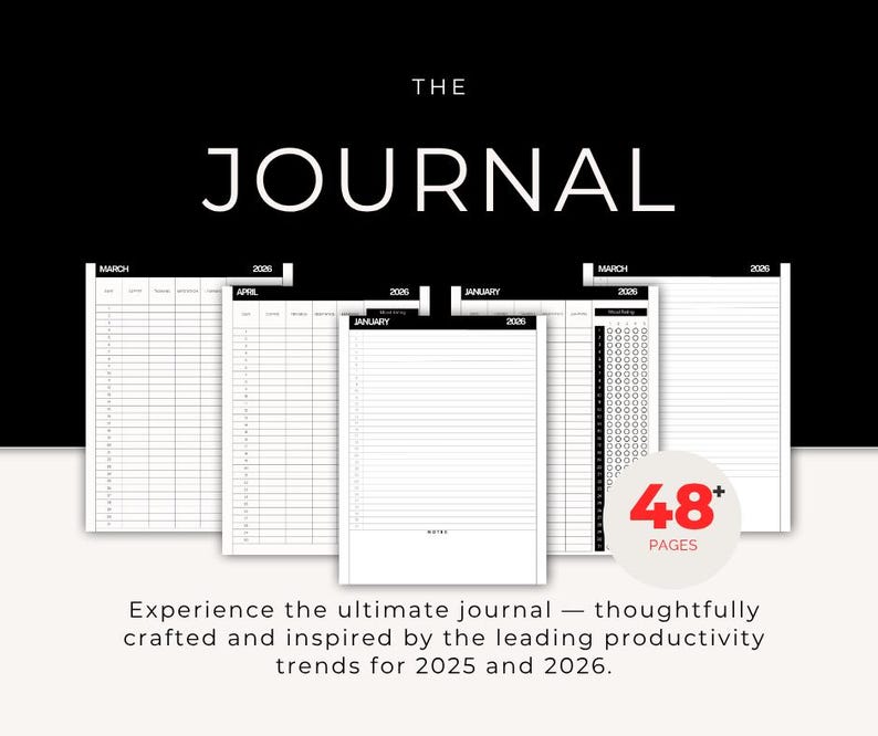 Op de afbeelding: Een zwart-wit tijdschrift met de tekst "THE JOURNAL" bovenaan. Het tijdschrift bevat pagina's voor januari, maart en april 2026, met 48+ pagina's. Het tijdschrift is ontworpen voor productiviteitstrends in 2025 en 2026.