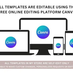 May include: A graphic showing a laptop, desktop computer, smartphone, and tablet, each displaying the Canva logo. Text above reads, "ALL TEMPLATES ARE EDITABLE USING THE FREE ONLINE EDITING PLATFORM CANVA." Below, text states, "ALL TEMPLATES IN MY STORE ARE SELF-EDIT ONLY."