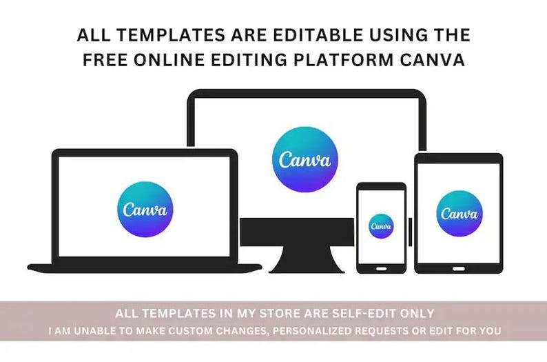 May include: A graphic showing a laptop, desktop computer, smartphone, and tablet, each displaying the Canva logo. Text above reads, "ALL TEMPLATES ARE EDITABLE USING THE FREE ONLINE EDITING PLATFORM CANVA." Below, text states, "ALL TEMPLATES IN MY STORE ARE SELF-EDIT ONLY."