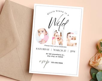 Wild One Girl Birthday Invitation: Minimalist Photo Canva Template (Digital Download)