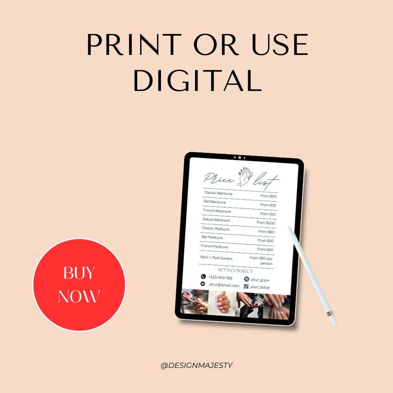 May include: A digital price list for nail salon services, including manicures, pedicures, and gel polish. The list is displayed on a tablet with a white stylus next to it. The text on the list reads "Price List" and includes prices for various services. The text "BUY NOW" is displayed in a red circle.