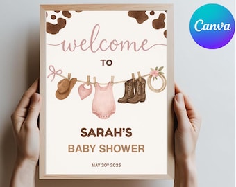 Tabliczka powitalna z napisem „Kowbojka na Baby Shower”: Różowy motyw westernu (do druku cyfrowego)