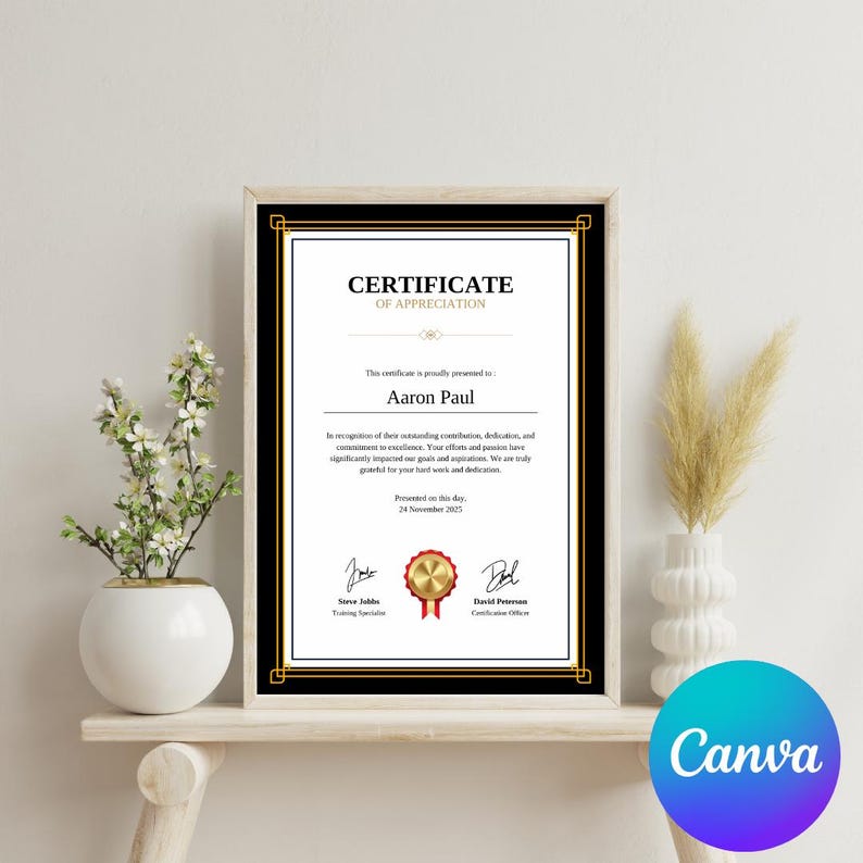 May include: A black and gold framed certificate of appreciation with a gold seal and red ribbon. The certificate is presented to Aaron Paul for their outstanding contributions, dedication, and commitment to excellence. The certificate is dated November 24, 2015.