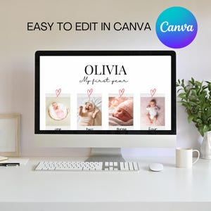 以下が含まれることがあります： コンピューターの画面に、女の子の最初の1年間のデジタル写真のコラージュが表示されています。コラージュのタイトルは「Olivia My First Year」で、さまざまな年齢の女の子の写真が4枚掲載されています。各写真は、1から4までの番号でラベル付けされています。