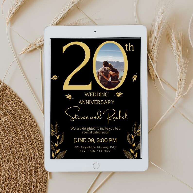 May include: A black and gold wedding anniversary invitation with a photo of a couple. The invitation says "20th Wedding Anniversary Steven and Rachel" and includes the date and time of the event.
