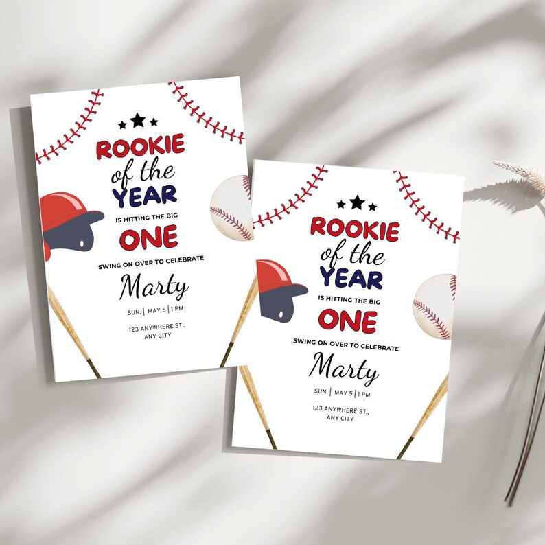 May include: Two baseball-themed birthday party invitations with red, white, and blue accents. The invitations feature the text "Rookie of the Year is hitting the big one" and a baseball, bat, and baseball cap. The invitations are for a party for Marty.