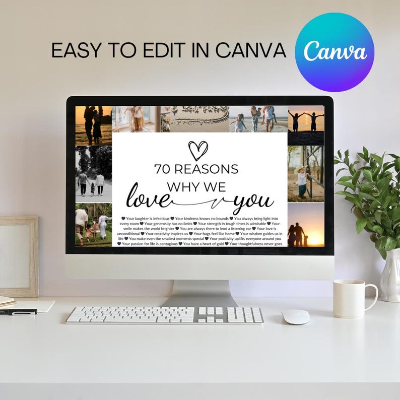 Pu&ograve; includere: Uno schermo di computer che mostra un collage di foto con un testo sovrapposto che dice "70 motivi per cui ti amiamo". Il testo &egrave; in bianco e nero con un simbolo di cuore nella parte superiore e inferiore del testo. Lo sfondo dello schermo &egrave; un collage di foto di una famiglia.