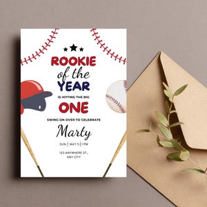May include: Baseball-themed birthday party invitation with red, white, and blue colors. The invitation says "Rookie of the Year is hitting the big one" and includes the name "Marty" and party details.