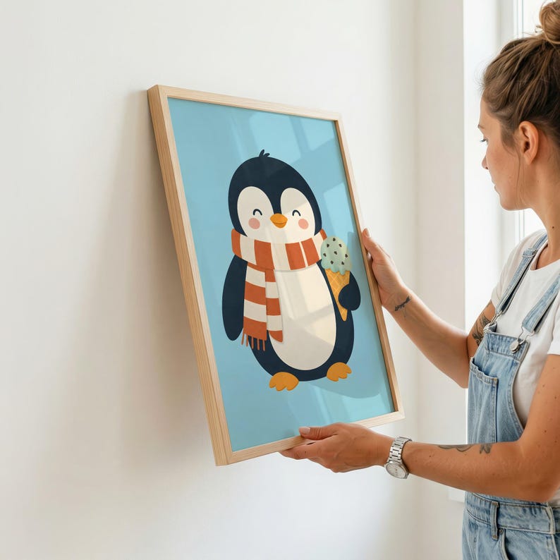 May include: A framed wall art print featuring a cartoon penguin with a white belly and black back, wearing an orange and white striped scarf. The penguin is holding a light green ice cream cone against a solid light blue background.