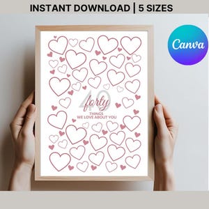 May include: A framed print with a light wood frame. The print features a white background with numerous pink hearts of varying sizes. The text "forty things we love about you" is in the center. The words "INSTANT DOWNLOAD | 5 SIZES" are at the top.