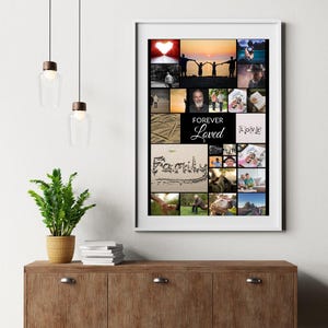 May include: A framed photo collage featuring multiple images with a white border. The collage includes images of people, sunsets, and the words "Forever Loved" and "Family". The overall theme is family and love.