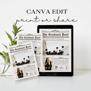 May include: A printable graduation announcement template in the style of a newspaper. The template features a black and white design with the text "The Graduate Post" and a photo of a graduate. The text "Rachel Stone is graduating!" is included in the template. The announcement includes the date and time of the graduation ceremony.