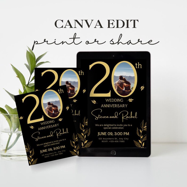 May include: Black and gold wedding anniversary invitation with a photo of a couple. The invitation says "20th Wedding Anniversary Steven and Rachel" and includes the date and time of the event.