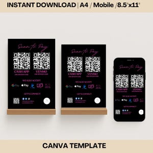 May include: A black and white printable template for a scan to pay sign. The sign features two QR codes, one for Cash App and one for Venmo. The sign also includes the text "Scan to Pay", "Cash App", "Venmo", "We Also Accept", "G Pay", "Pay", and "Let's Connect".