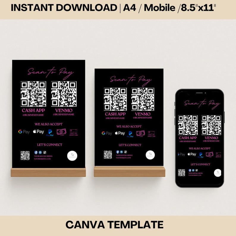 May include: A black and white printable template for a scan to pay sign. The sign features two QR codes, one for Cash App and one for Venmo. The sign also includes the text "Scan to Pay", "Cash App", "Venmo", "We Also Accept", "G Pay", "Pay", and "Let's Connect".
