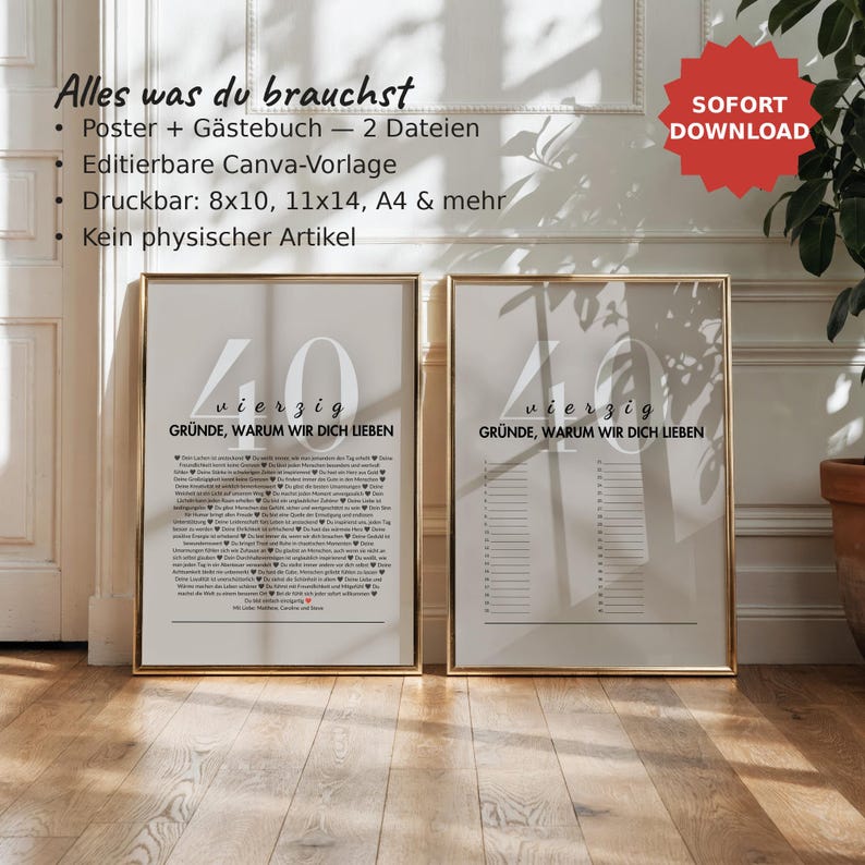 Personalisiertes Geschenk zum 40. Geburtstag – Poster + Gästebuch, 40 Gründe warum wir dich lieben, Canva Vorlage image 1