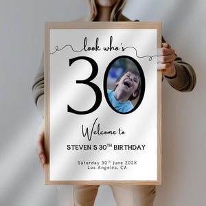Peut inclure: Panneau encadr&eacute; avec le texte "look who's 30" et "Welcome to STEVEN S 30TH BIRTHDAY". Le chiffre 30 est grand et noir, avec une photo d'un enfant riant dans le z&eacute;ro. La date et le lieu sont &eacute;galement inclus.