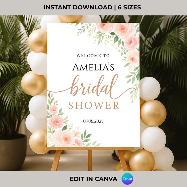 Op de afbeelding: Een afdrukbaar bruidsdouchebord met een bloemenontwerp in roze en groene tinten. Het bord zegt "Welkom bij Amelia's bruidsdouche" en bevat de datum "03.06.2025".