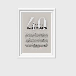 May include: A framed print with a gray background and the text "40 forty REASONS WE LOVE YOU" in black. The text is surrounded by a list of reasons in smaller font, each reason is preceded by a small heart.