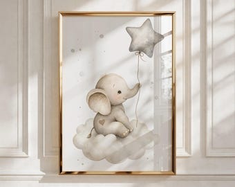Safari Nursery Decor, Baby Elephant with Star Balloon, Printable Wall Art, Kids Room Gift