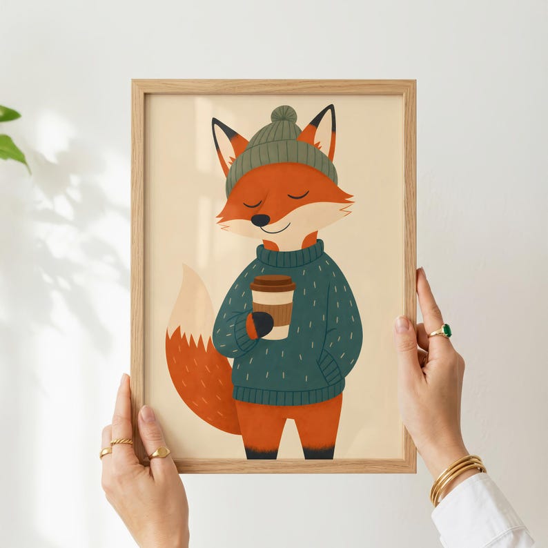 May include: A framed illustration of a fox wearing a dark green knit beanie and a matching sweater, holding a brown coffee cup. The fox has orange fur, a white muzzle, and a bushy tail. The artwork is set against a light cream background.