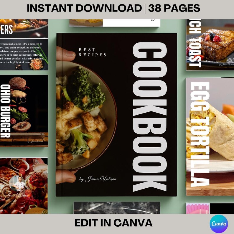 Editable digital cookbook template with bold black cover and food photo, featuring 38 customizable pages for recipes. Ideal for food bloggers and online shops, editable in Canva.