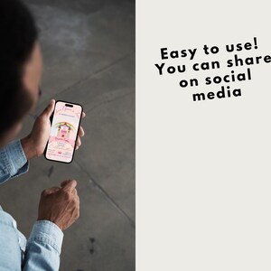 May include: A person is holding a smartphone displaying a pink and white printable invitation with a rainbow and a castle. The text on the invitation reads "You're Invited to a Princess Party". The text on the right side of the image reads "Easy to use! You can share on social media."