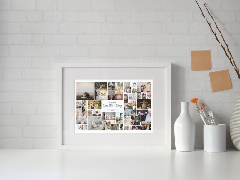 K&ouml;nnte beinhalten: Ein wei&szlig;er gerahmter Foto-Collage eines Hochzeitstages mit dem Text "Our Best Day" in der Mitte.