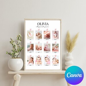 以下が含まれることがあります： 「OLIVIA My first year」というテキストと、女の子の赤ちゃんの12枚の写真がグリッド状に配置された白い額縁入りポスター。各写真にはピンクのハートと1から12までの番号が付けられています。