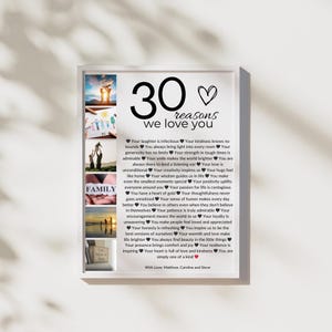 Puede incluir: Una impresi&oacute;n enmarcada con 30 razones por las que alguien es amado. La impresi&oacute;n presenta un collage de fotos y el texto "30 razones por las que te queremos".