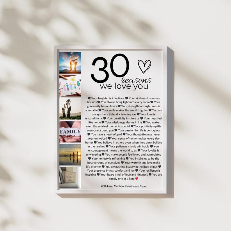 Puede incluir: Una impresi&oacute;n enmarcada con 30 razones por las que alguien es amado. La impresi&oacute;n presenta un collage de fotos y el texto "30 razones por las que te queremos".