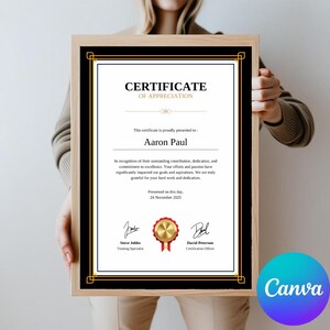 May include: A black and gold certificate of appreciation with a gold seal. The certificate is presented to Aaron Paul for their outstanding contributions, dedication, and commitment to excellence. The certificate is dated November 24, 2025.