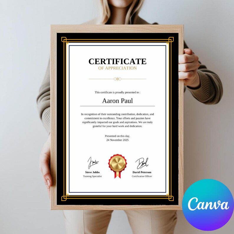 May include: A black and gold certificate of appreciation with a gold seal. The certificate is presented to Aaron Paul for their outstanding contributions, dedication, and commitment to excellence. The certificate is dated November 24, 2025.