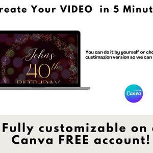 May include: A laptop displays a birthday video template with the text "John's 40th Birthday." The image includes the text "Create Your VIDEO in 5 Minutes" and "Fully customizable on a Canva FREE account!"