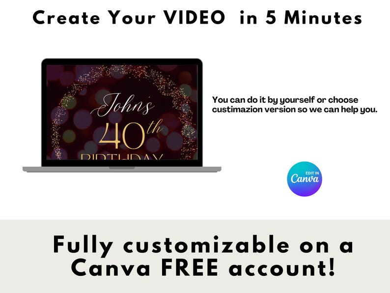 May include: A laptop displays a birthday video template with the text "John's 40th Birthday." The image includes the text "Create Your VIDEO in 5 Minutes" and "Fully customizable on a Canva FREE account!"