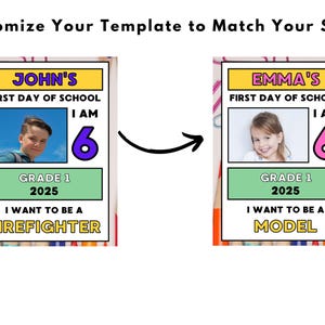 Puede incluir: Una plantilla personalizable para un cartel del primer d&iacute;a de escuela con una foto, un nombre, una edad, un grado y un espacio para escribir lo que quieren ser cuando sean mayores. La plantilla se muestra con dos ejemplos, uno para John y otro para Emma.