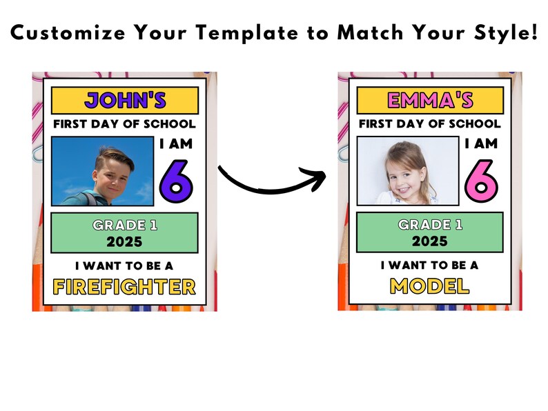 Puede incluir: Una plantilla personalizable para un cartel del primer d&iacute;a de escuela con una foto, un nombre, una edad, un grado y un espacio para escribir lo que quieren ser cuando sean mayores. La plantilla se muestra con dos ejemplos, uno para John y otro para Emma.