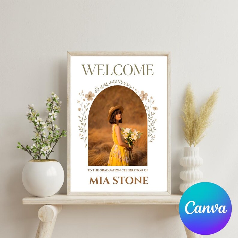 May include: Welcome sign with a floral arch and a photo of a person in a yellow dress holding flowers. The text on the sign reads "Welcome to the graduation celebration of Mia Stone".