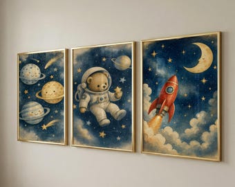 Set of 3 Space Nursery Prints, Printable Wall Art for Kids Room