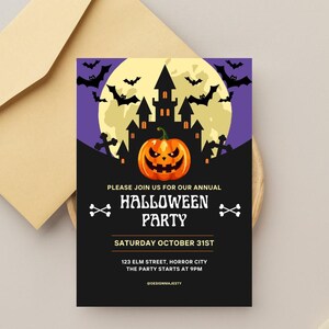 May include: Halloween party invitation with a spooky design. The invitation features a jack-o'-lantern, bats, and a haunted house silhouetted against a full moon. The text reads "Please join us for our annual Halloween Party, Saturday October 31st."