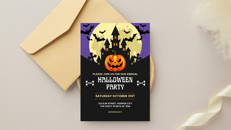 May include: Halloween party invitation with a spooky design. The invitation features a jack-o'-lantern, bats, and a haunted house silhouetted against a full moon. The text reads "Please join us for our annual Halloween Party, Saturday October 31st."