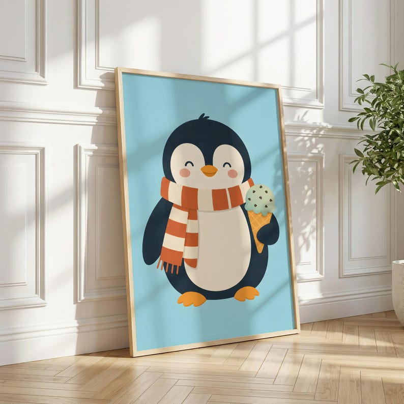May include: A framed wall art print featuring a cartoon penguin with a black and white body, wearing an orange and white striped scarf, and holding a light green mint chocolate chip ice cream cone against a solid light blue background.