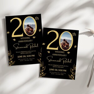 May include: Black and gold wedding anniversary invitation with a photo of a couple. The invitation says "20th Wedding Anniversary Steven and Rachel" and includes the date and time of the event.
