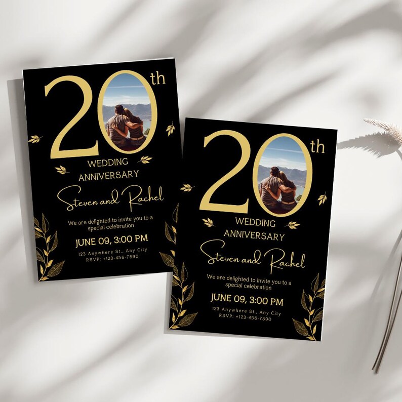 May include: Black and gold wedding anniversary invitation with a photo of a couple. The invitation says "20th Wedding Anniversary Steven and Rachel" and includes the date and time of the event.