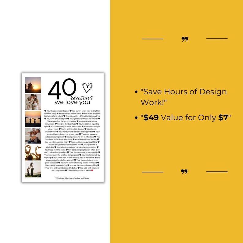 May include: A printable 40 reasons why you love someone printable. The printable features a black and white design with a heart and the text "40 reasons we love you". The printable is a digital download and is perfect for a gift or a special occasion.