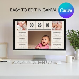 May include: A digital mockup of a baby's first year milestone poster. The poster features a baby's photo, weight, height, number of teeth, nicknames, first steps, first word, favorite toys, favorite song, and favorite food. The poster is designed in a vintage style with a brown background and white text.