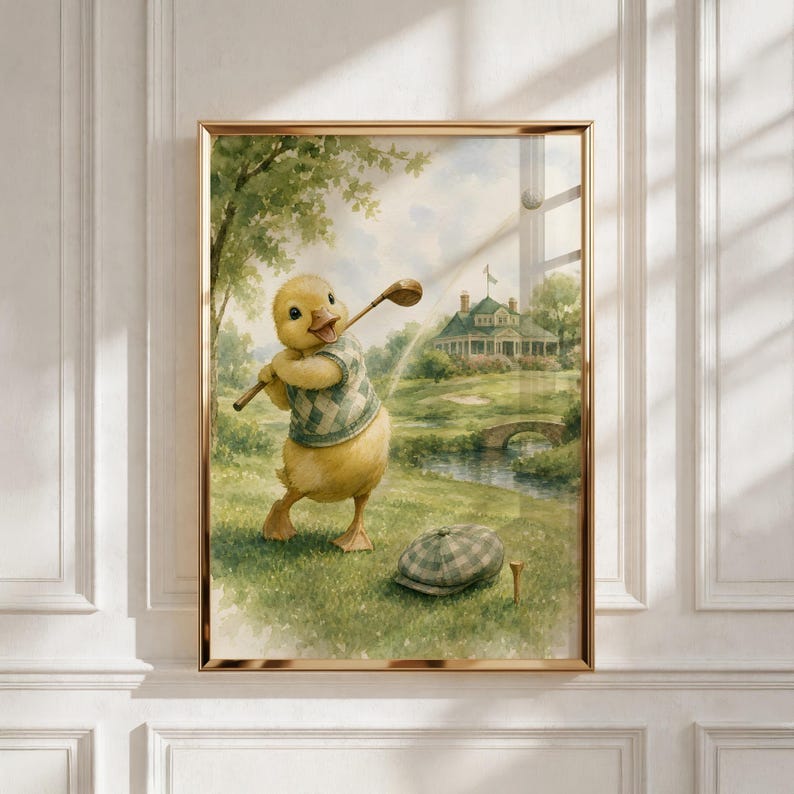 Vintage Sports Nursery Wall Art, Duckling Golfer Print, Ideal Baby Shower Gift image 1