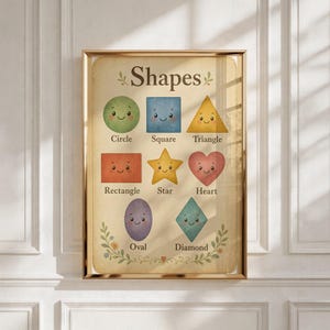 May include: A framed educational wall art print titled Shapes, featuring eight colorful cartoon shapes with smiling faces: a green circle, blue square, yellow triangle, red rectangle, yellow star, pink heart, purple oval, and teal diamond.